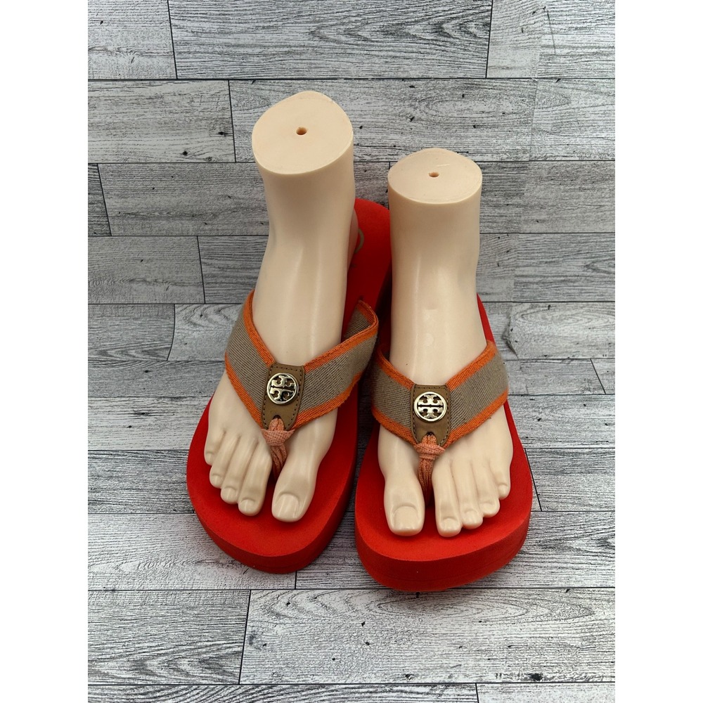 Tory Burch Platform Flip Flops Orange Tan Canvas Logo Wedge Sandals Women Sz 9